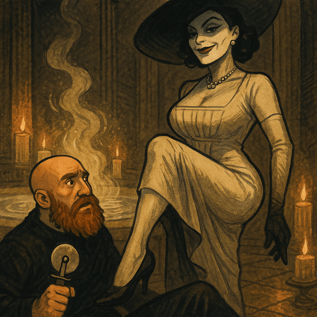 A stone gargoyle looking down, its features shrouded in shadow.